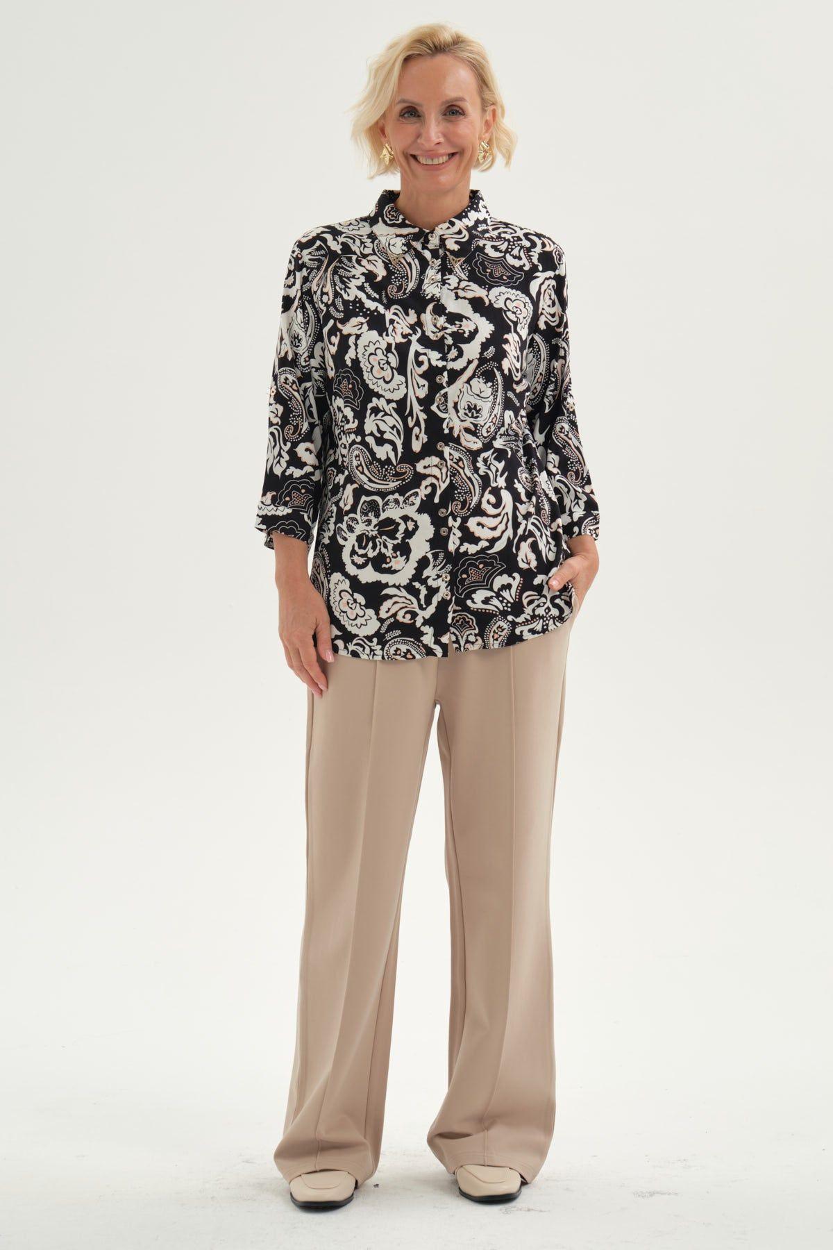Blusa Mujer Abotonada Roll Up Negro/Crudo-3