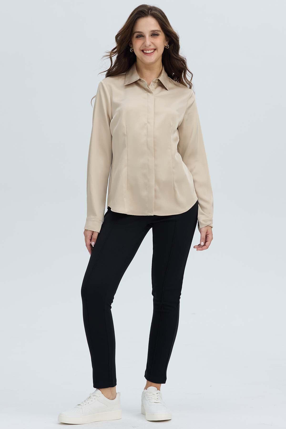 Blusa Mujer Satinada Abotonada Beige-3