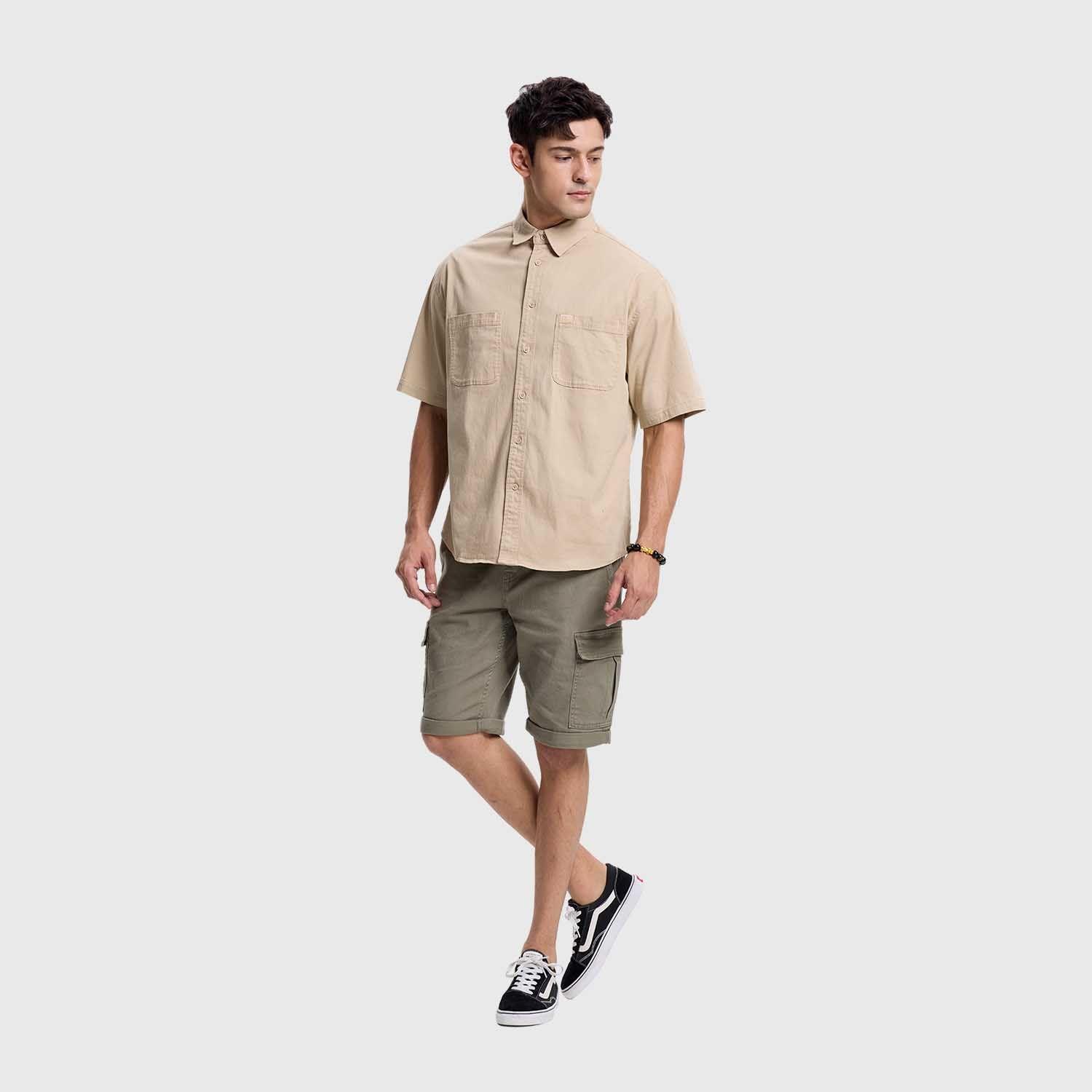 Camisa Hombre Denim Bolsillo Color Kaki Claro Fashions Park-3