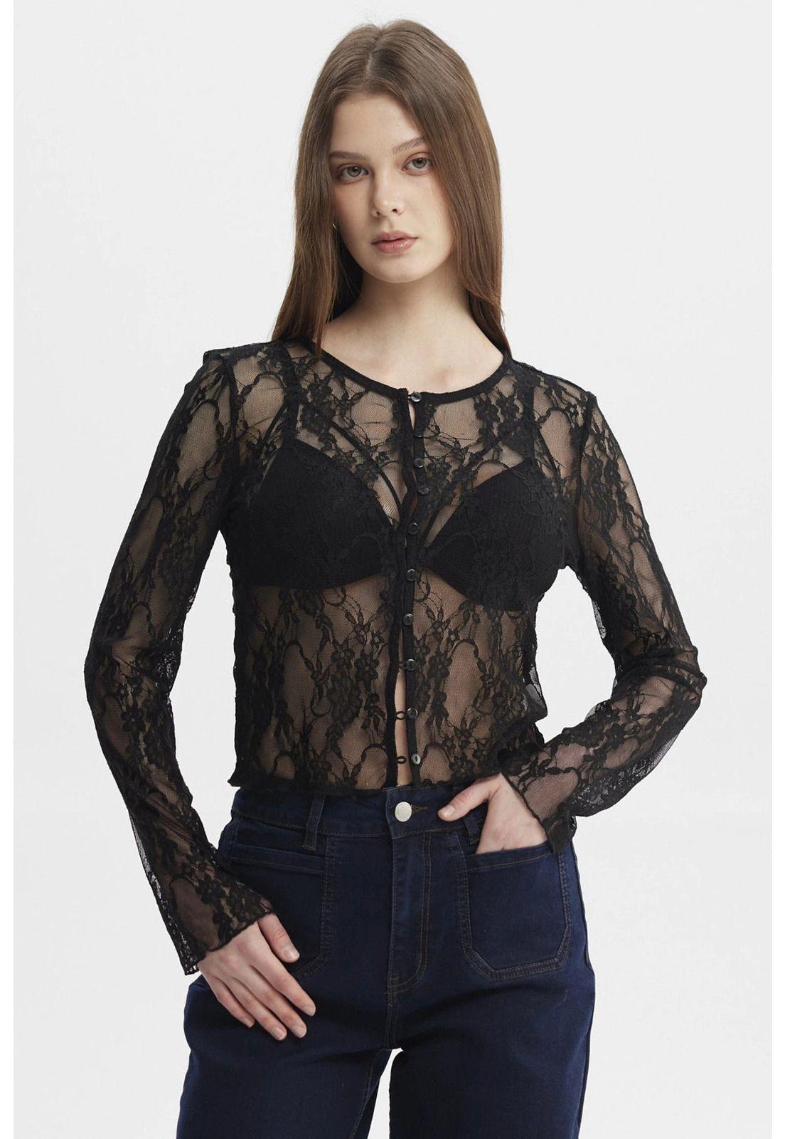 Polera Mujer Botones Negro - ll-0