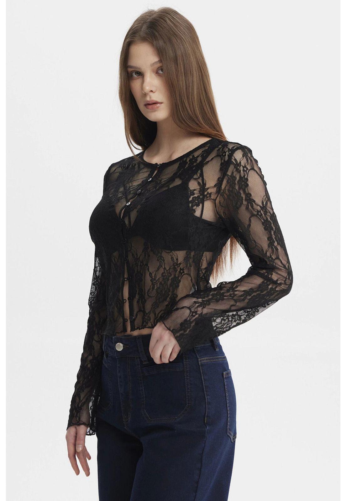 Polera Mujer Botones Negro - ll-1