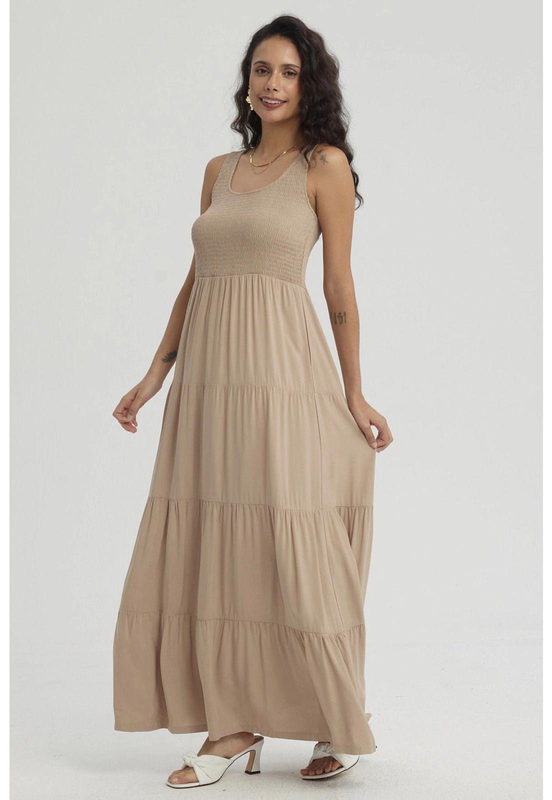 Vestido Mujer Largo En Capas Aplicación Panal Beige-3