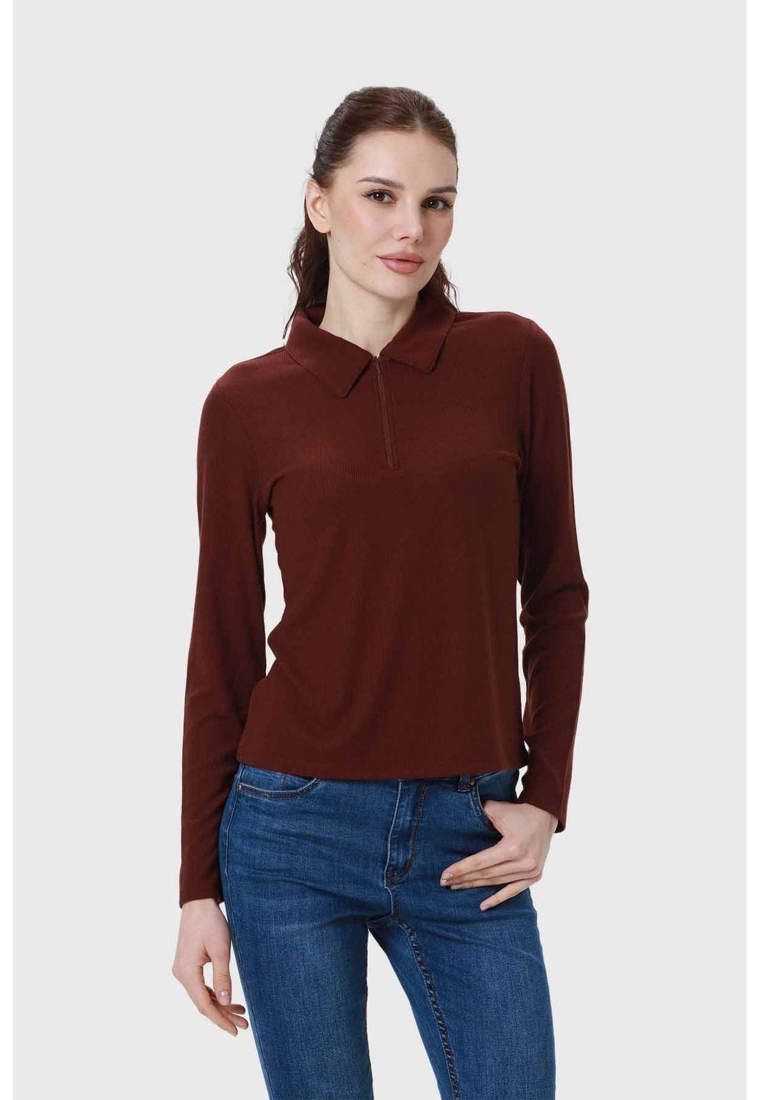 Polera Mujer Medio Cierre Estampado Café-0