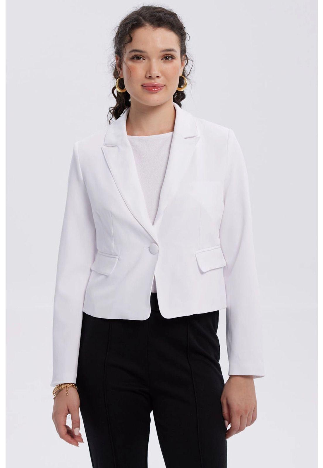 Blazer Mujer Botón Bolsillos Blanco-0
