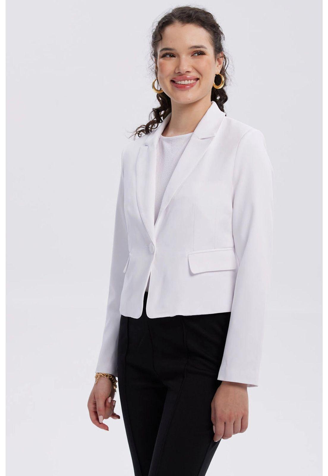 Blazer Mujer Botón Bolsillos Blanco-1