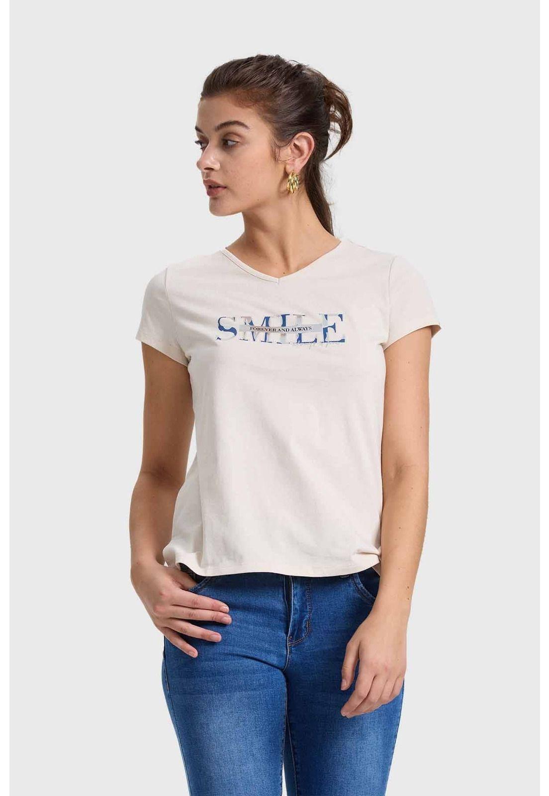 Polera Mujer Print Aplicación Crema-0
