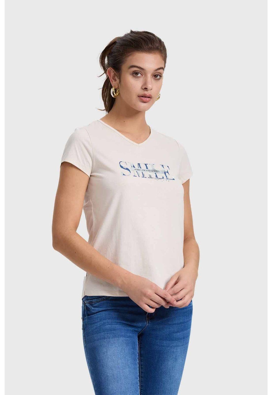 Polera Mujer Print Aplicación Crema-1
