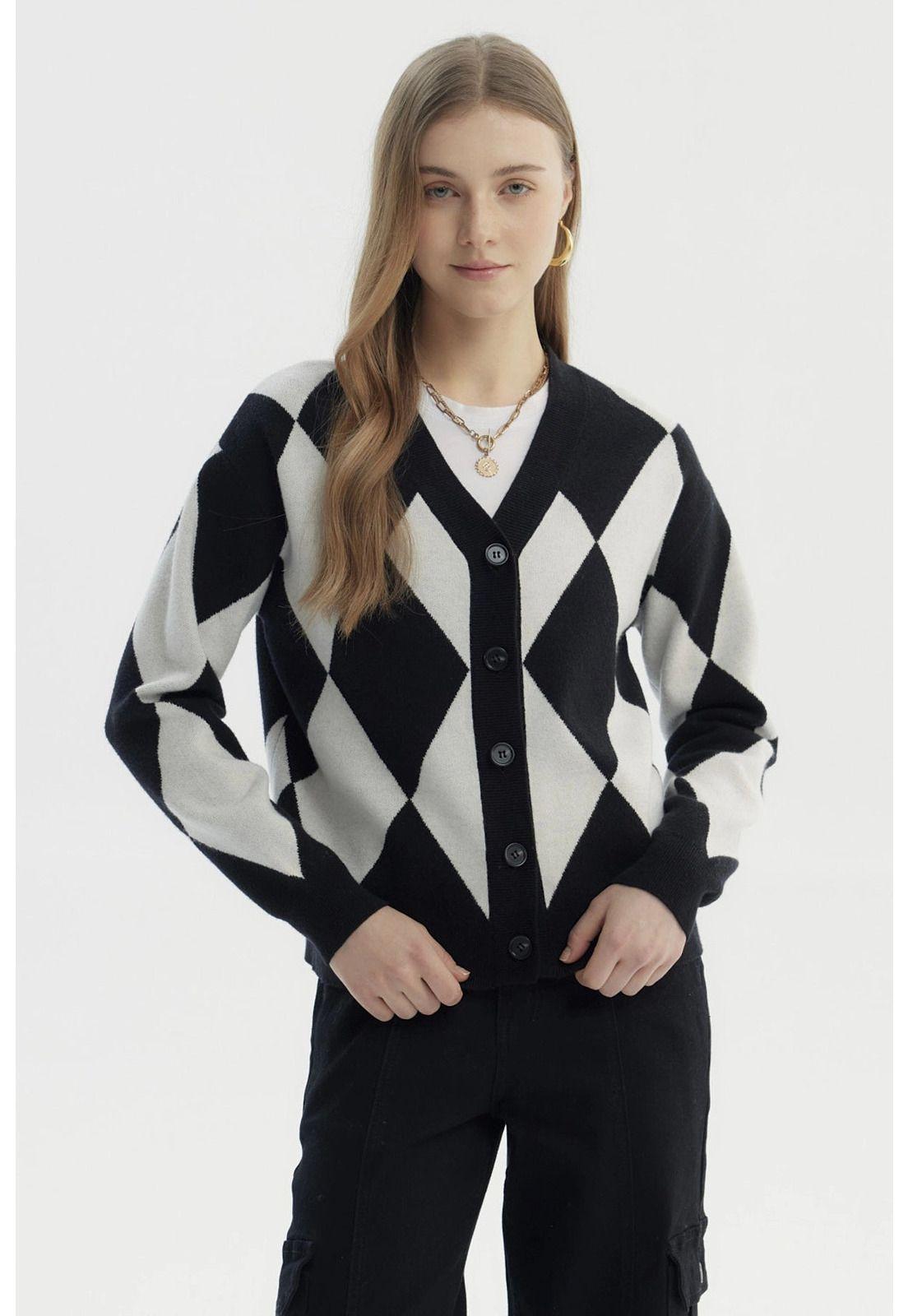 Sweater Mujer Peludo Rombos Negro-0
