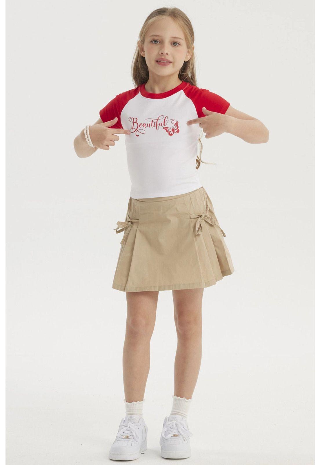 Falda Niña Pliegues Laterales Beige-3