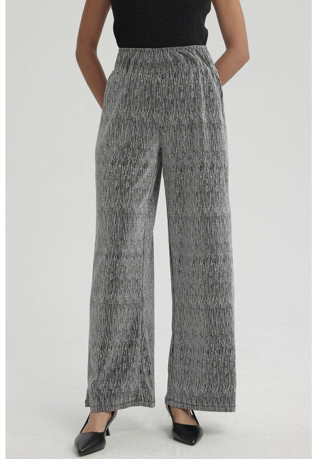 Pantalón Mujer Palazzo Pretina Ancha Plateado-0