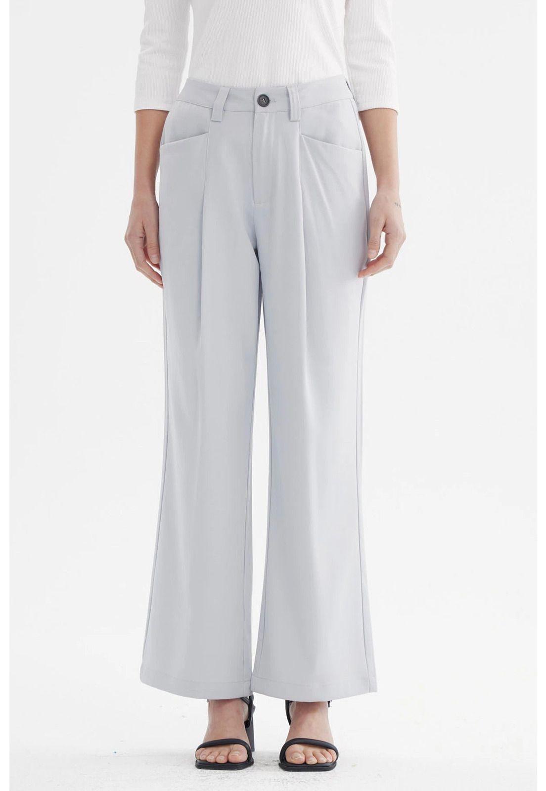 Pantalón Mujer Sastrero Pretina Botón Gris-0