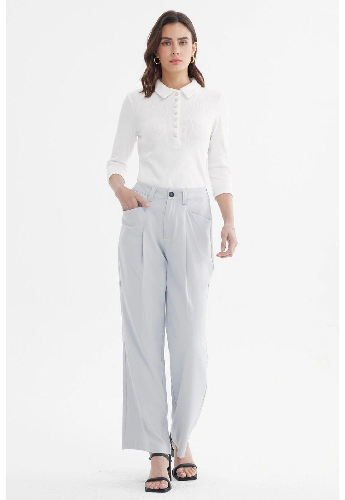 Pantalón Mujer Sastrero Pretina Botón Gris-3