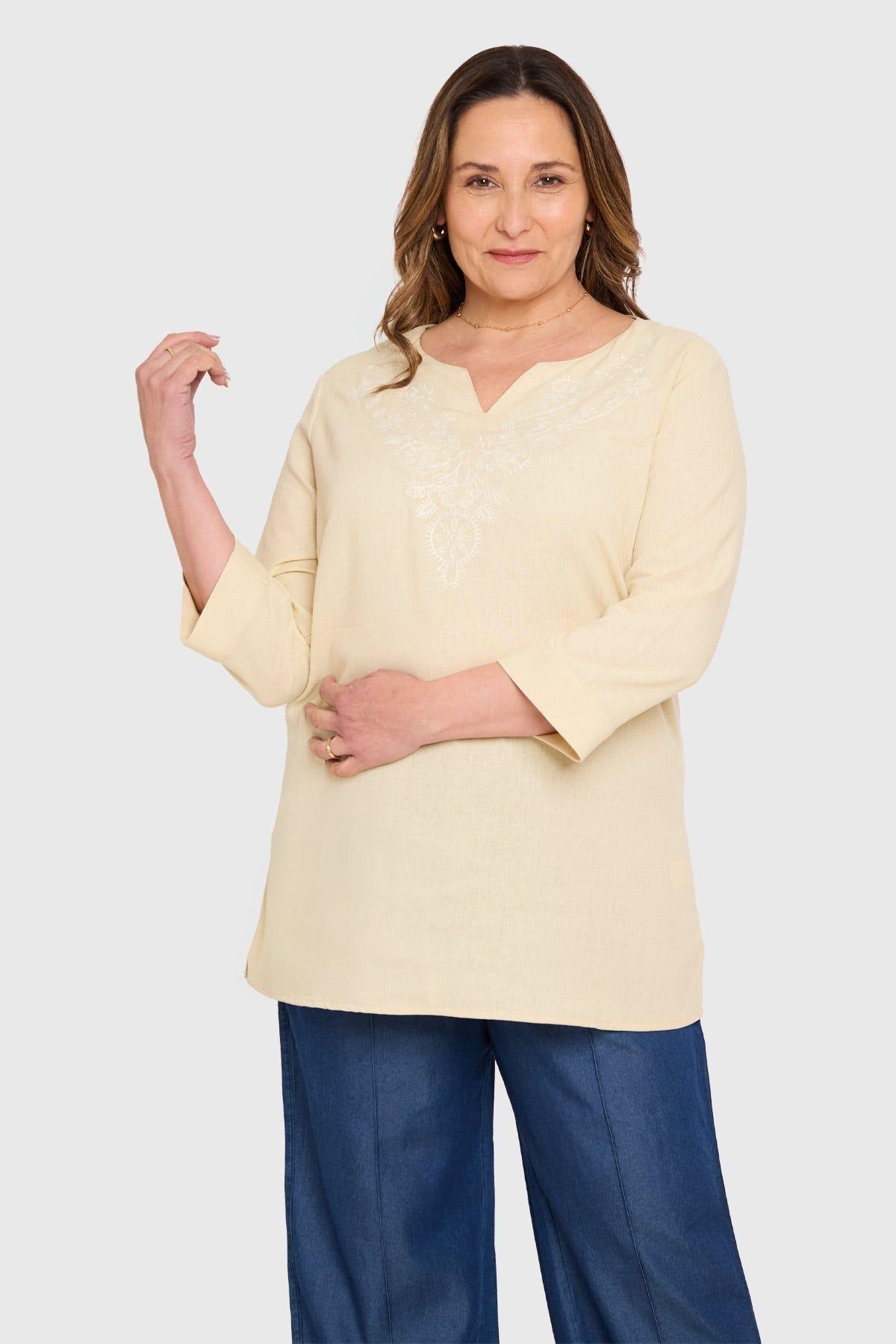 Blusa Mujer Lino Roll Up Beige-0