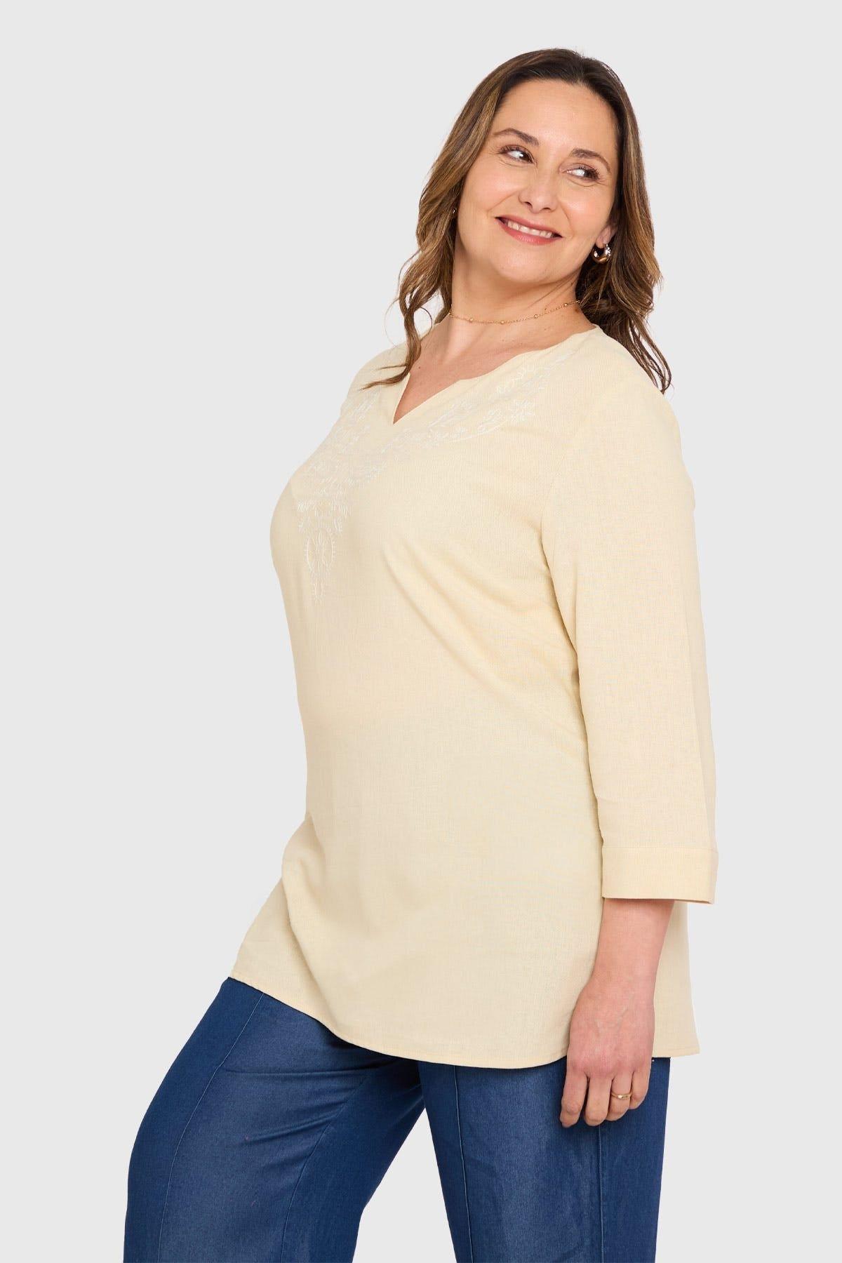 Blusa Mujer Lino Roll Up Beige-1