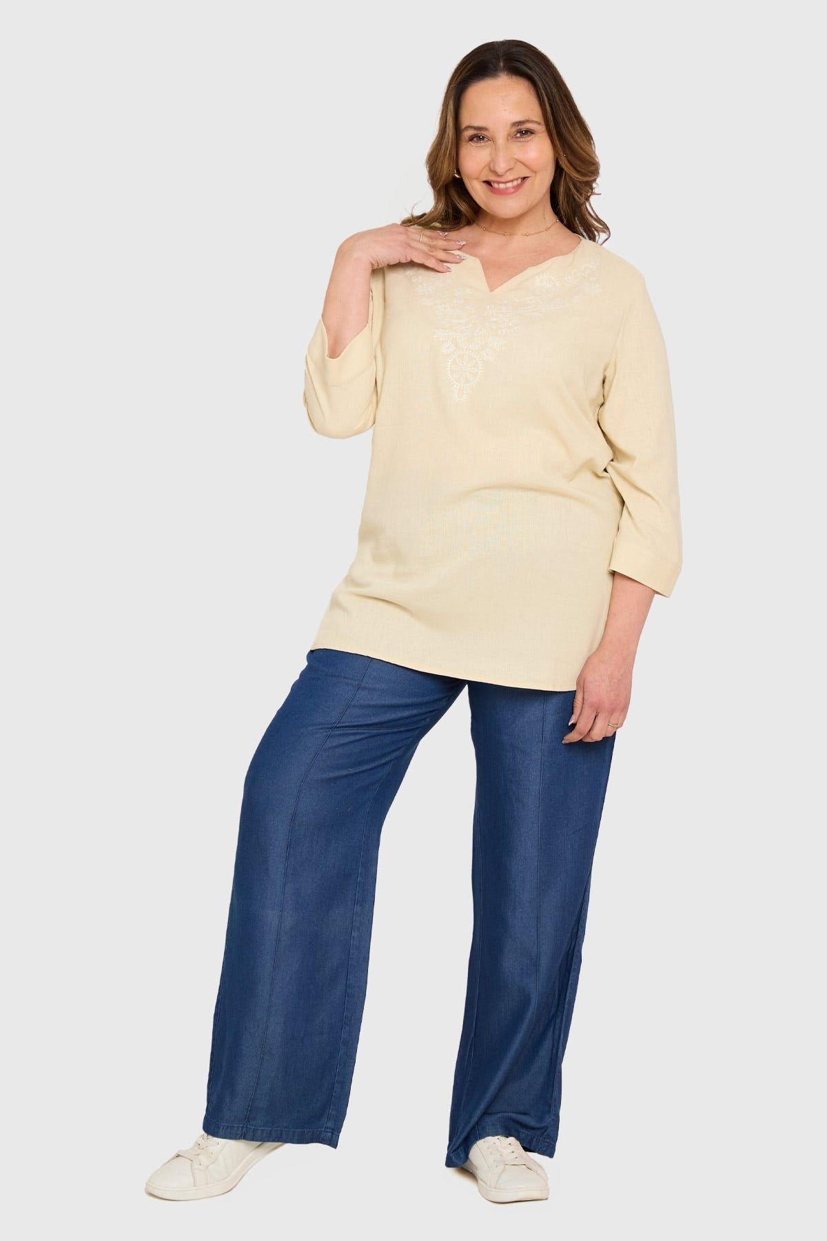 Blusa Mujer Lino Roll Up Beige-3