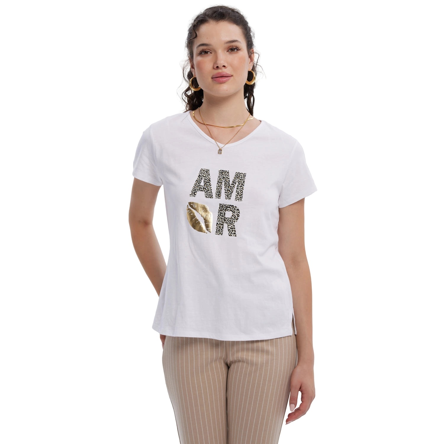 Polera Mujer Print Aplicación Folia Blanco-2