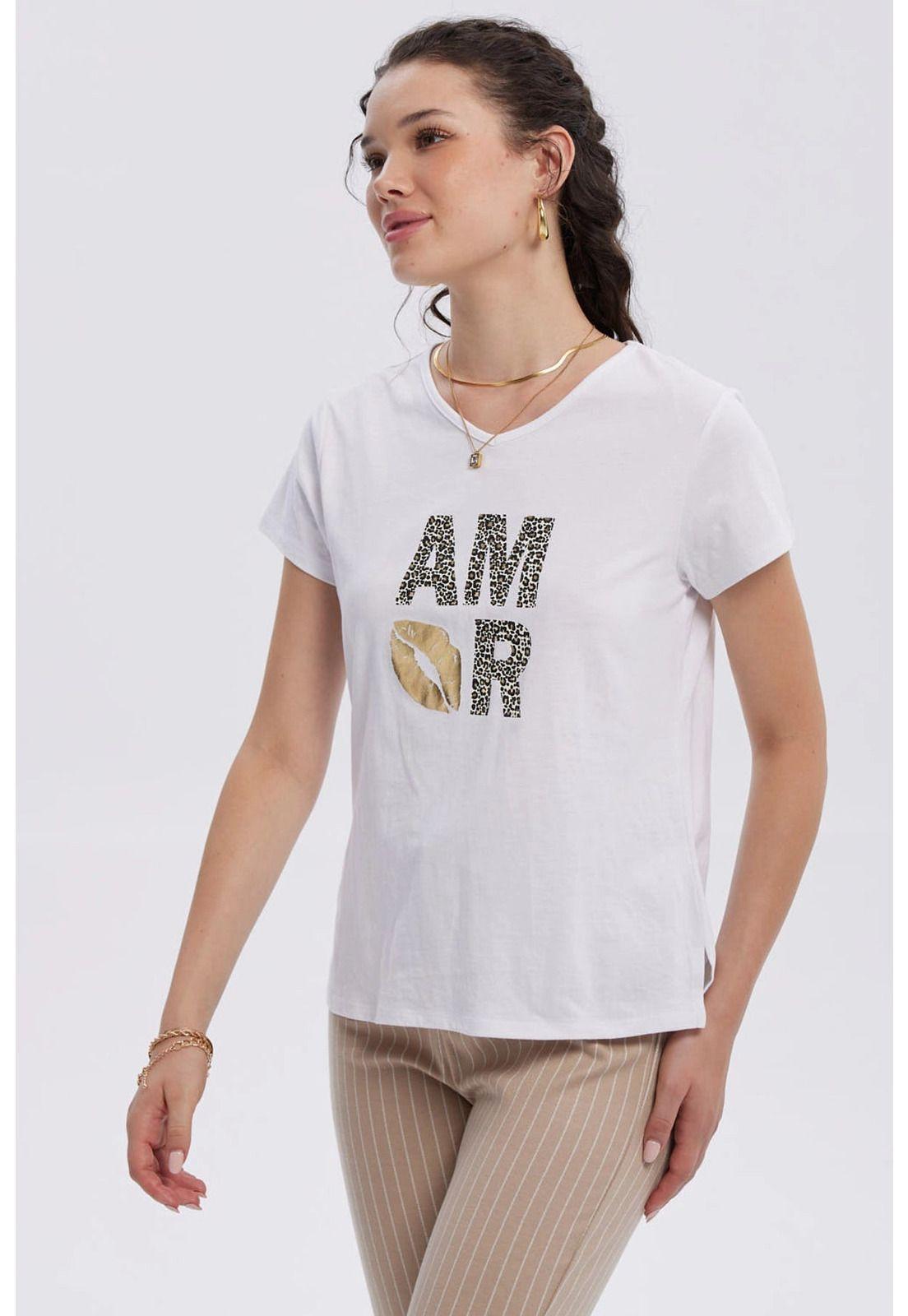 Polera Mujer Print Aplicación Folia Blanco-1