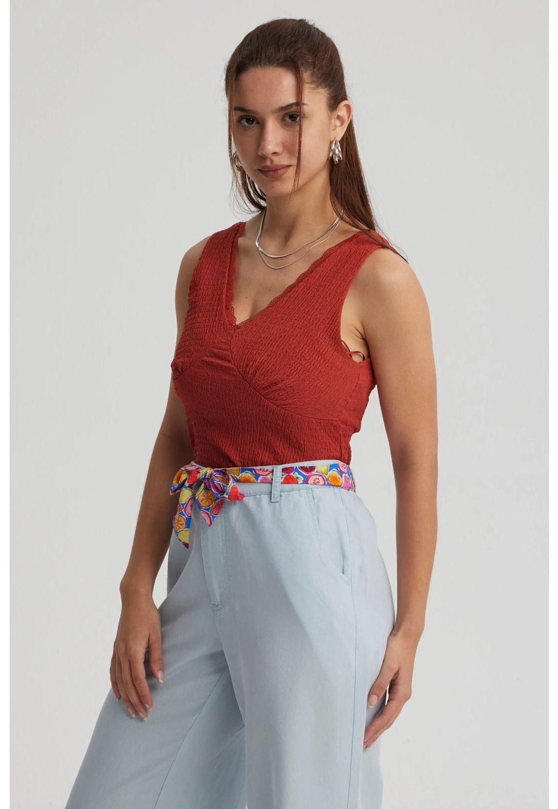 Polera Mujer Textura Escote V Terracota-0