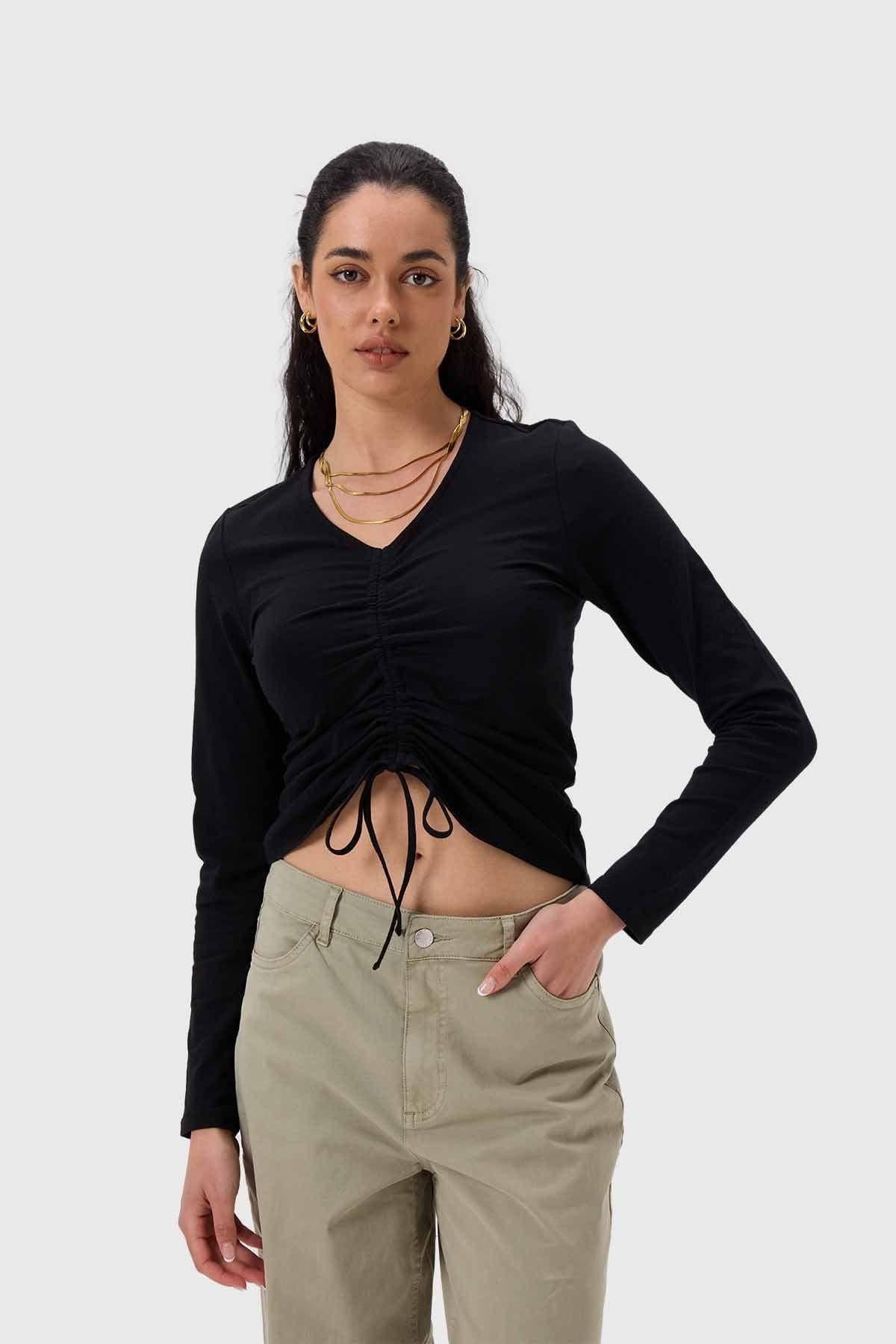 Polera Mujer Recogido Delantero Negro-0