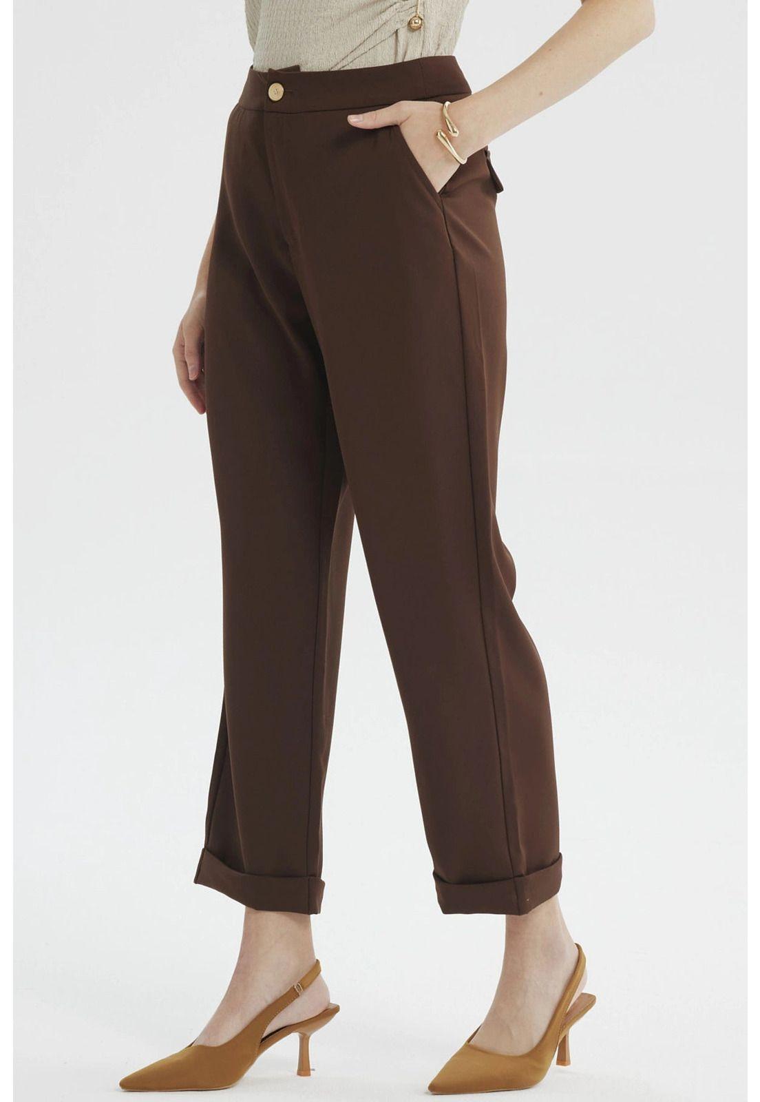 Pantalón Mujer Sastrero Dobladillo Basta Café-1