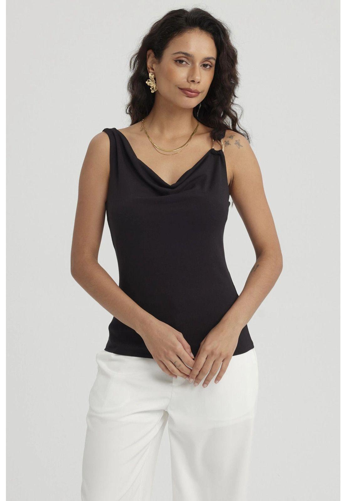 Polera Mujer Drapeado Aplicación Negro-4