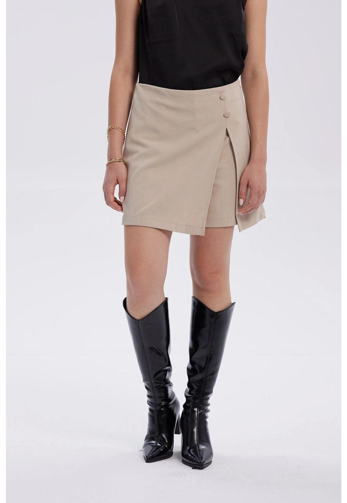 Falda Mujer Botones Costado Beige-0