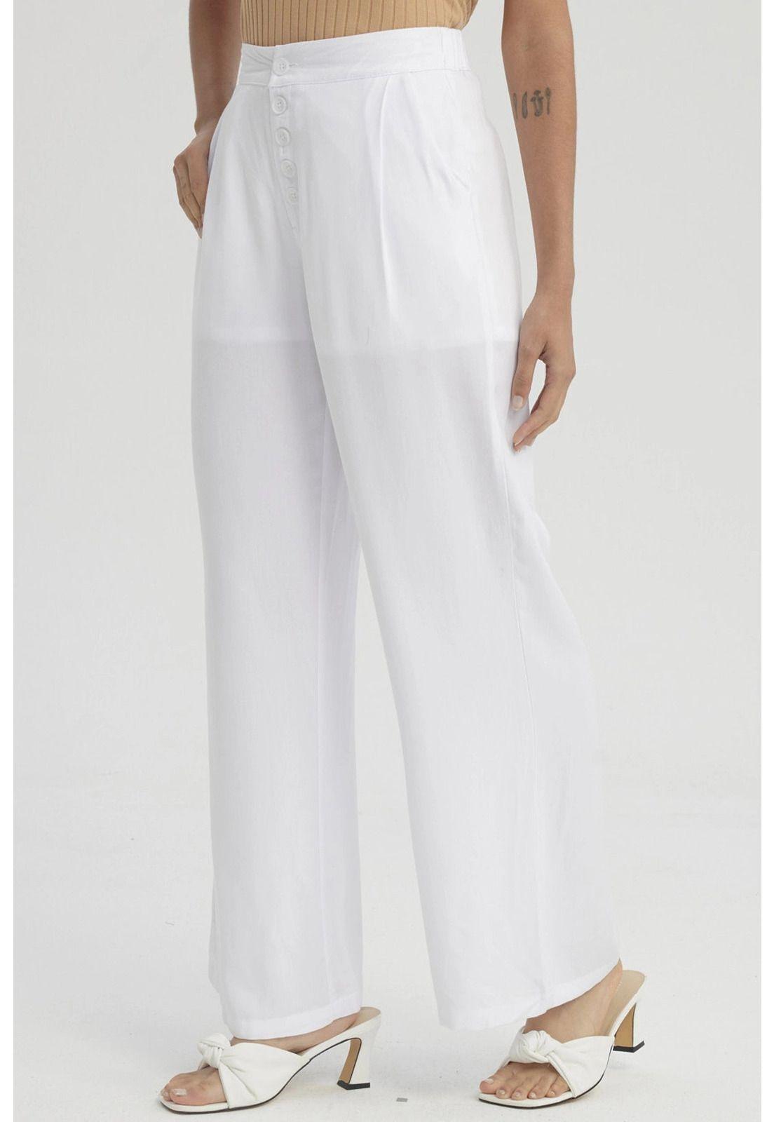 Pantalón Mujer Sastrero Botones Decorativo Blanco-1