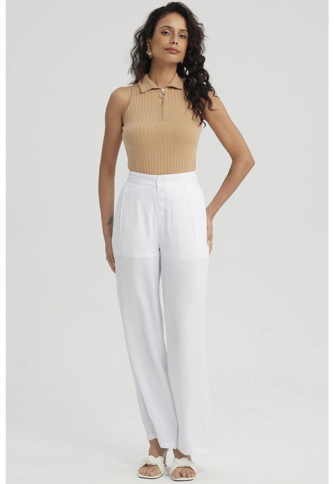 Pantalón Mujer Sastrero Botones Decorativo Blanco-3