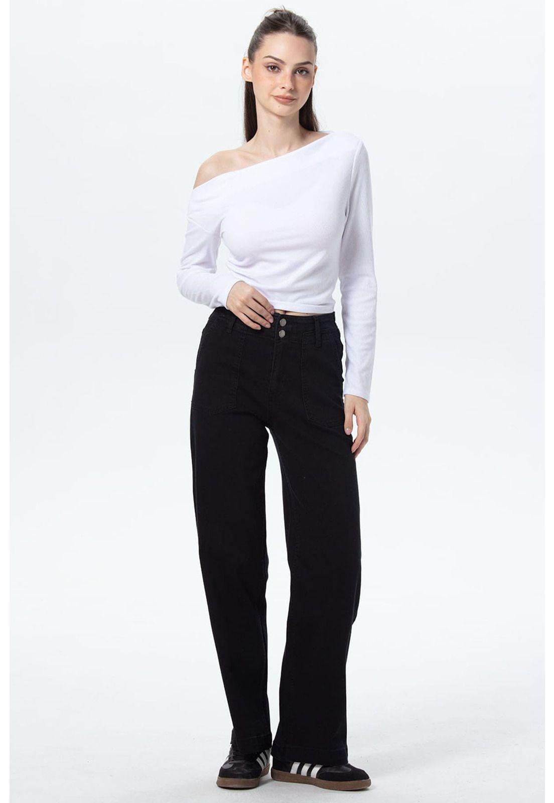 Jeans Mujer Bolsillo Calce Recto Negro-3