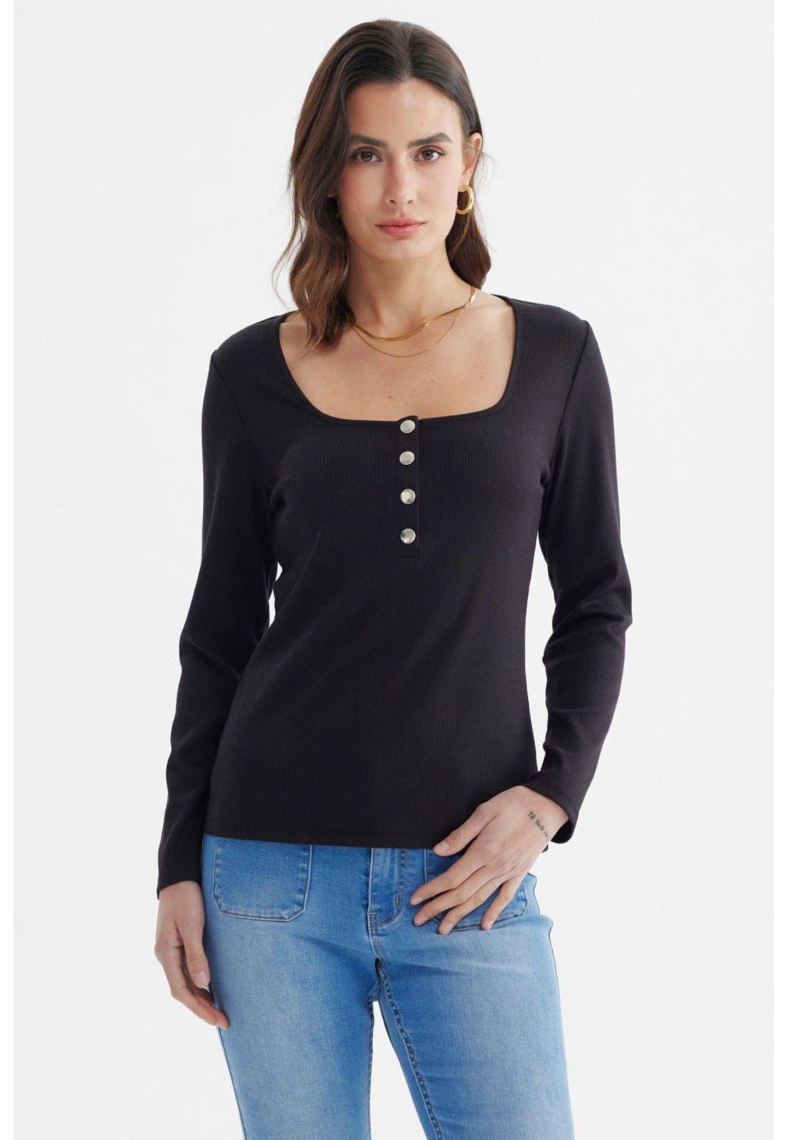 Polera Mujer Escote Cuadrado Botones Metálicos Negro-0