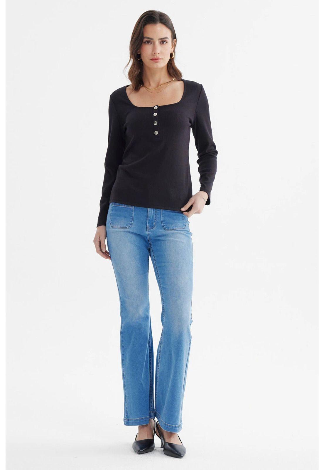 Polera Mujer Escote Cuadrado Botones Metálicos Negro-3