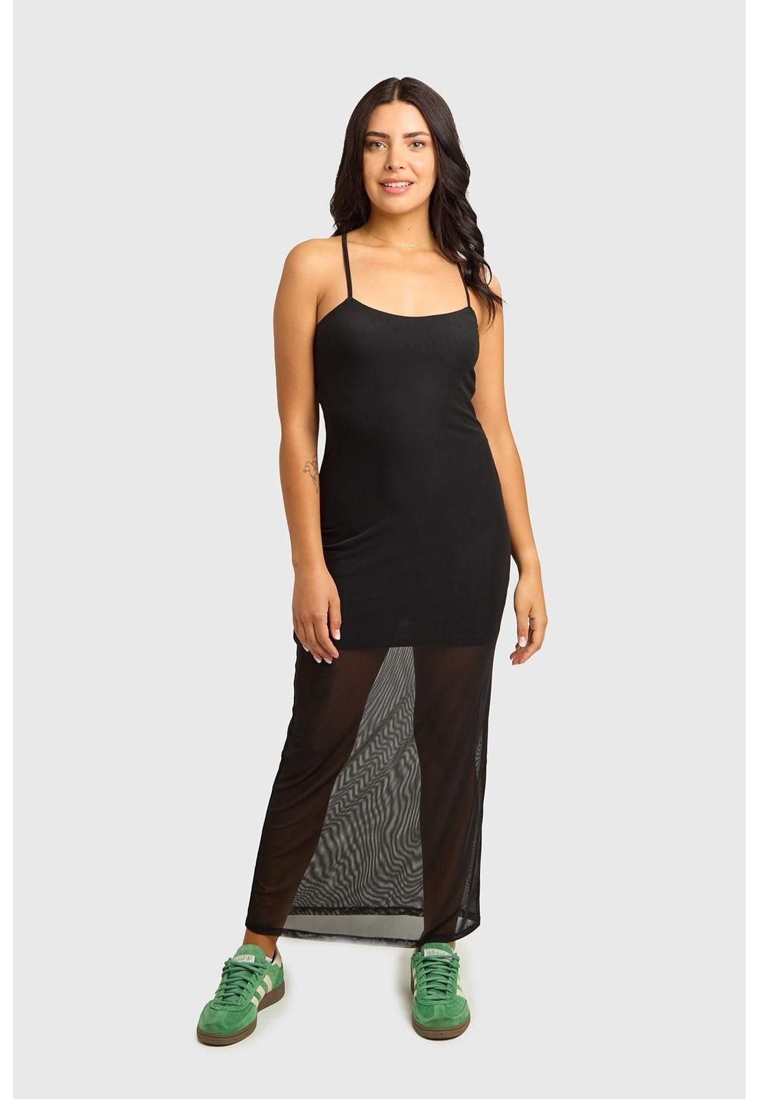 Vestido Mujer Drapeado Malla Negro-0
