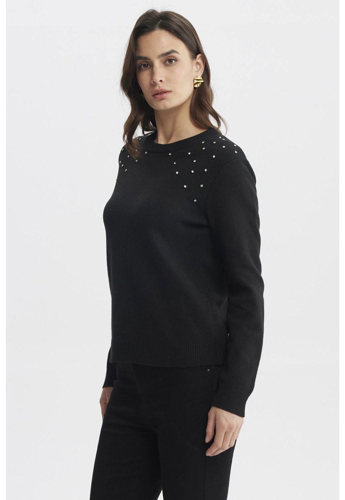 Sweater Mujer Cuello Strass Negro-1