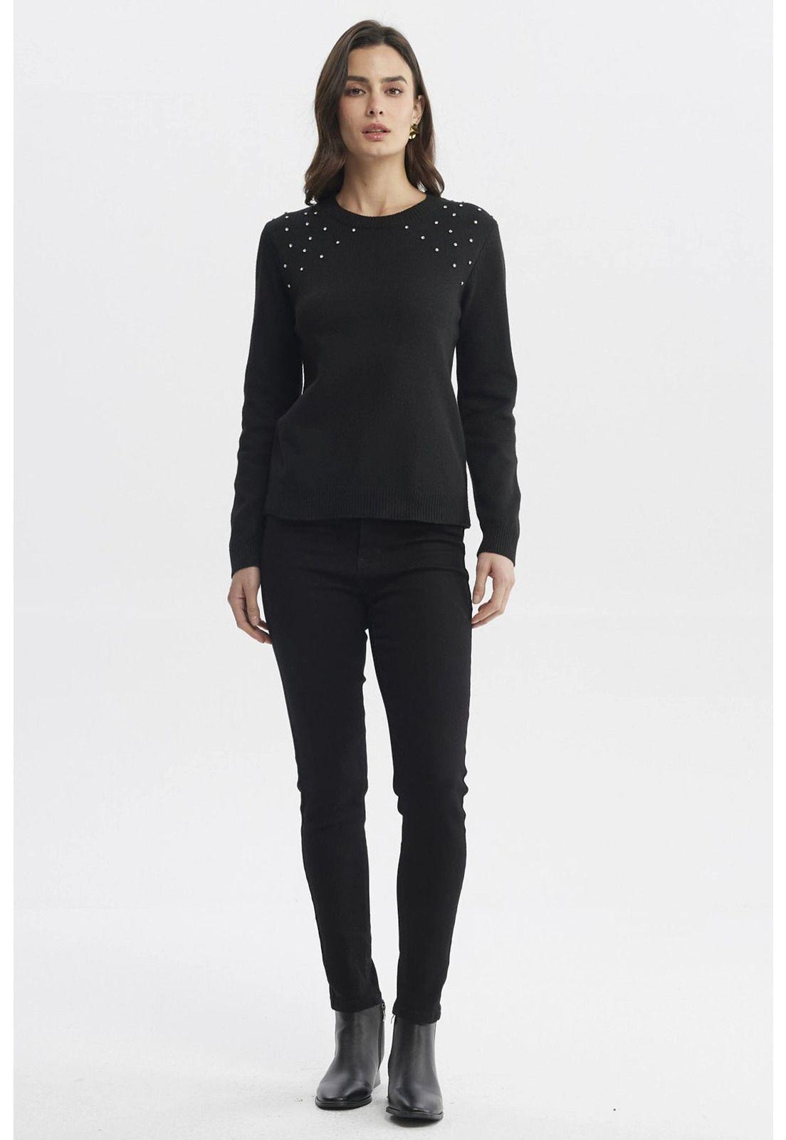 Sweater Mujer Cuello Strass Negro-3