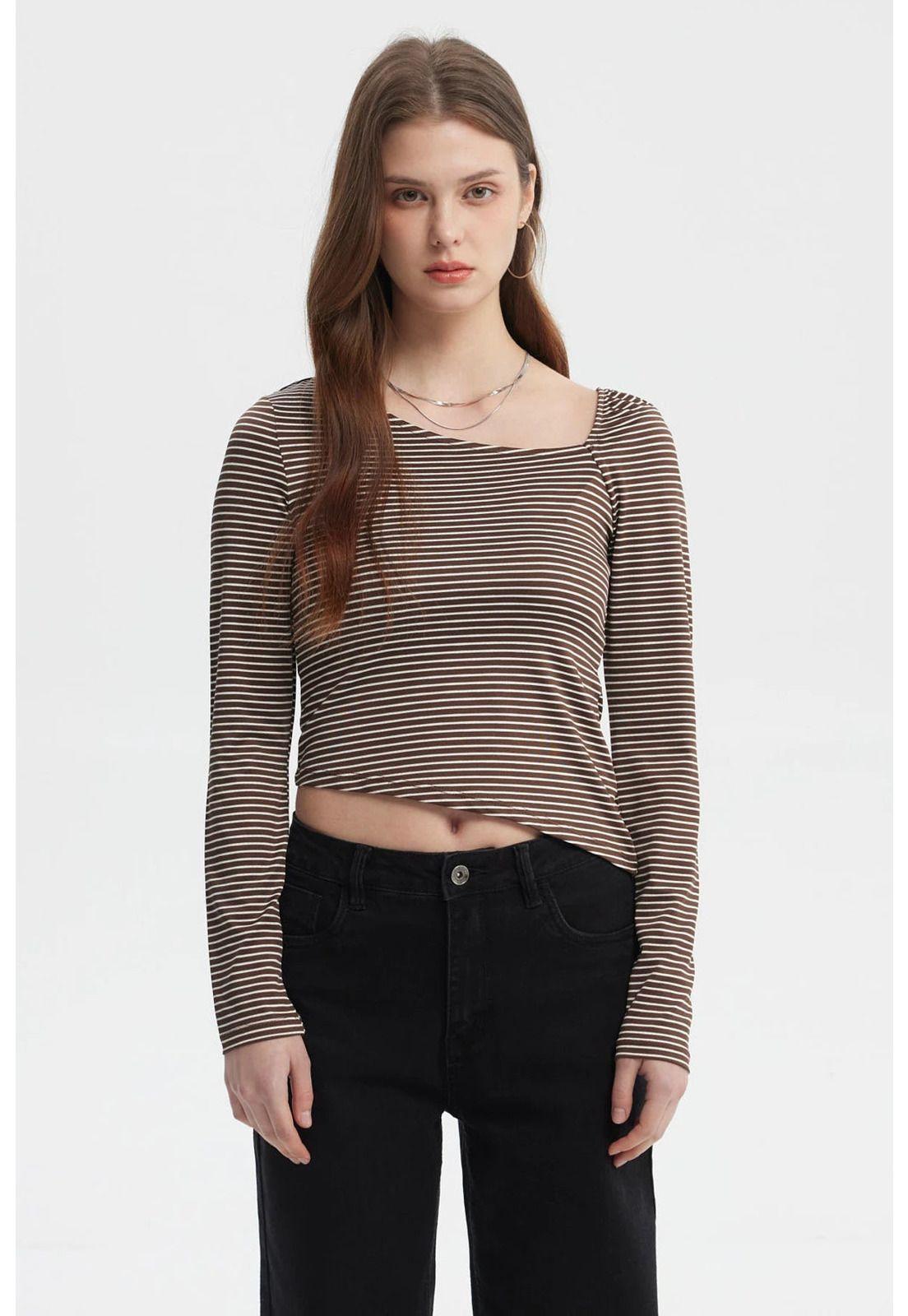 Polera Mujer Asimétrica Rayas Café Oscuro-0