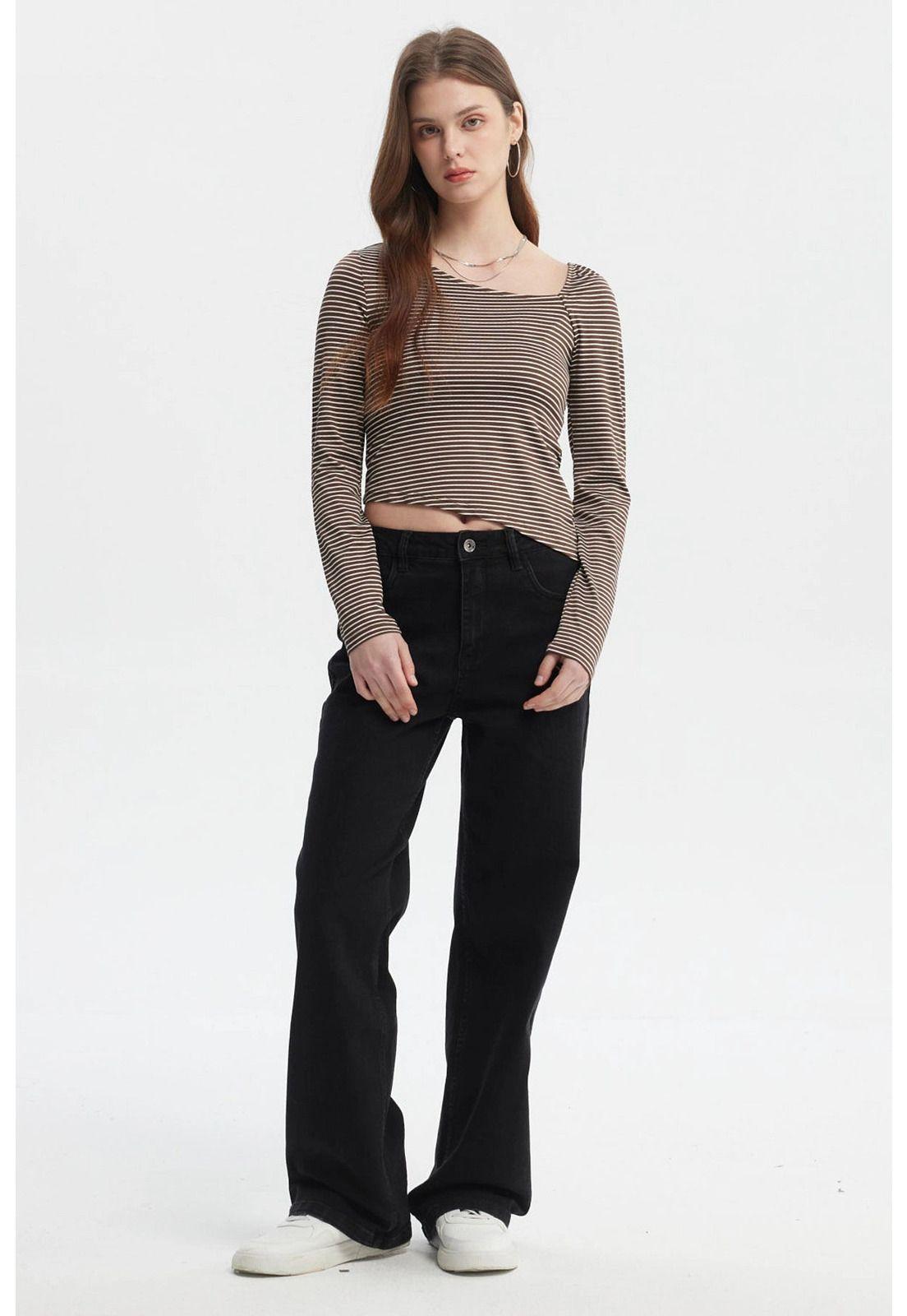 Polera Mujer Asimétrica Rayas Café Oscuro-3