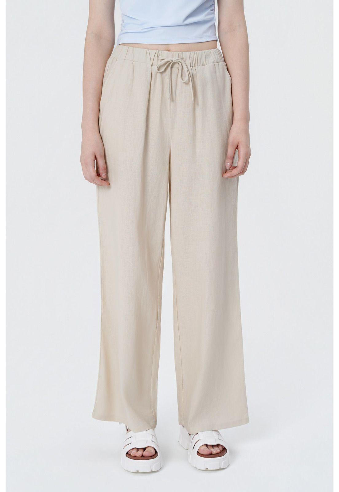 Pantalón Wide Leg Mujer Beige Claro-0