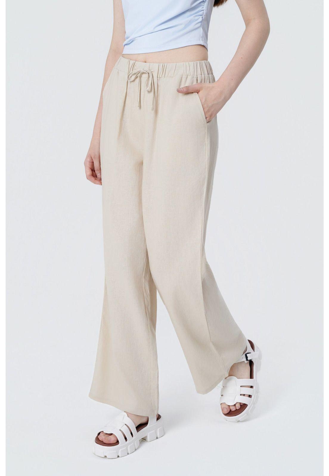 Pantalón Wide Leg Mujer Beige Claro-1