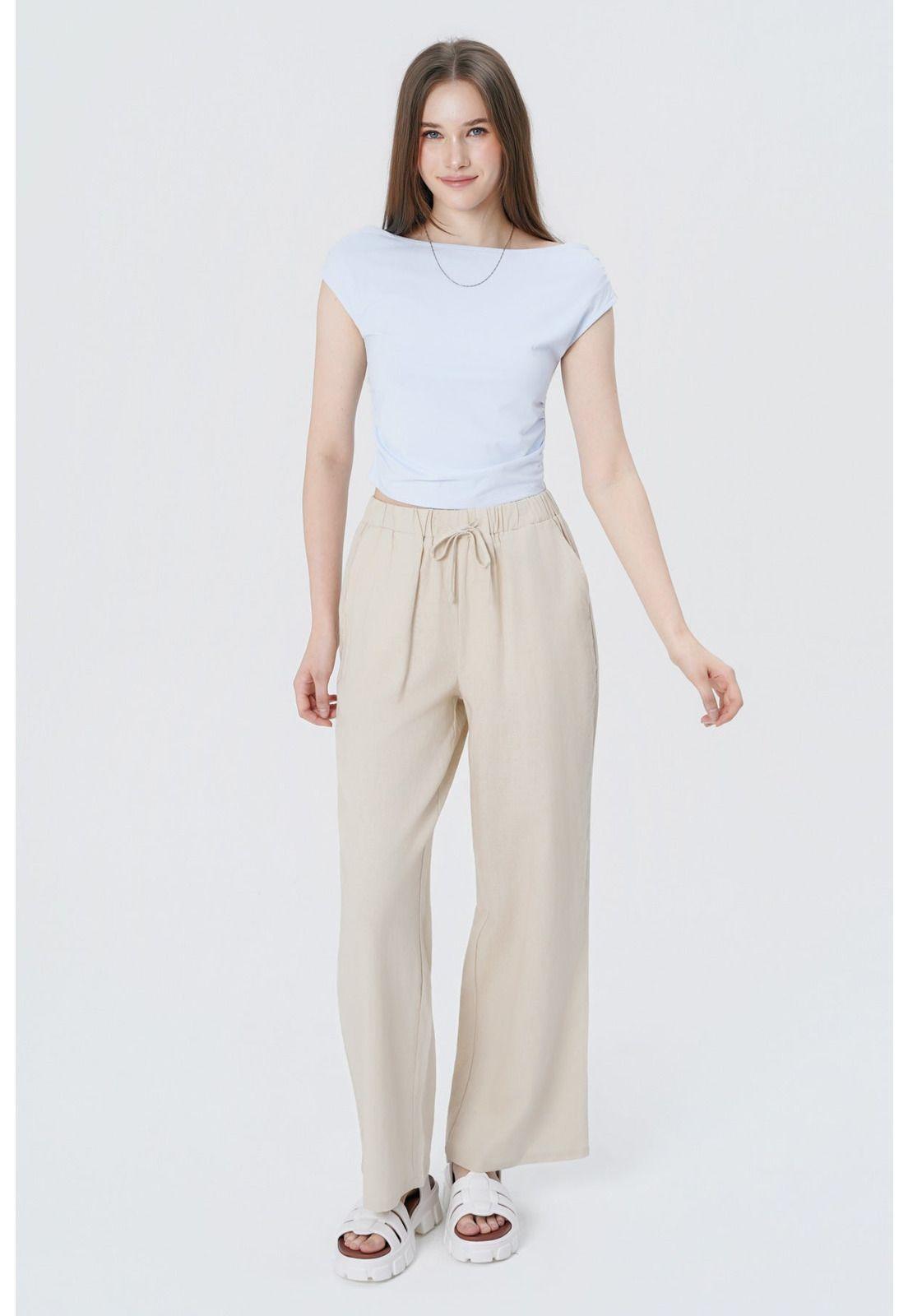 Pantalón Wide Leg Mujer Beige Claro-3