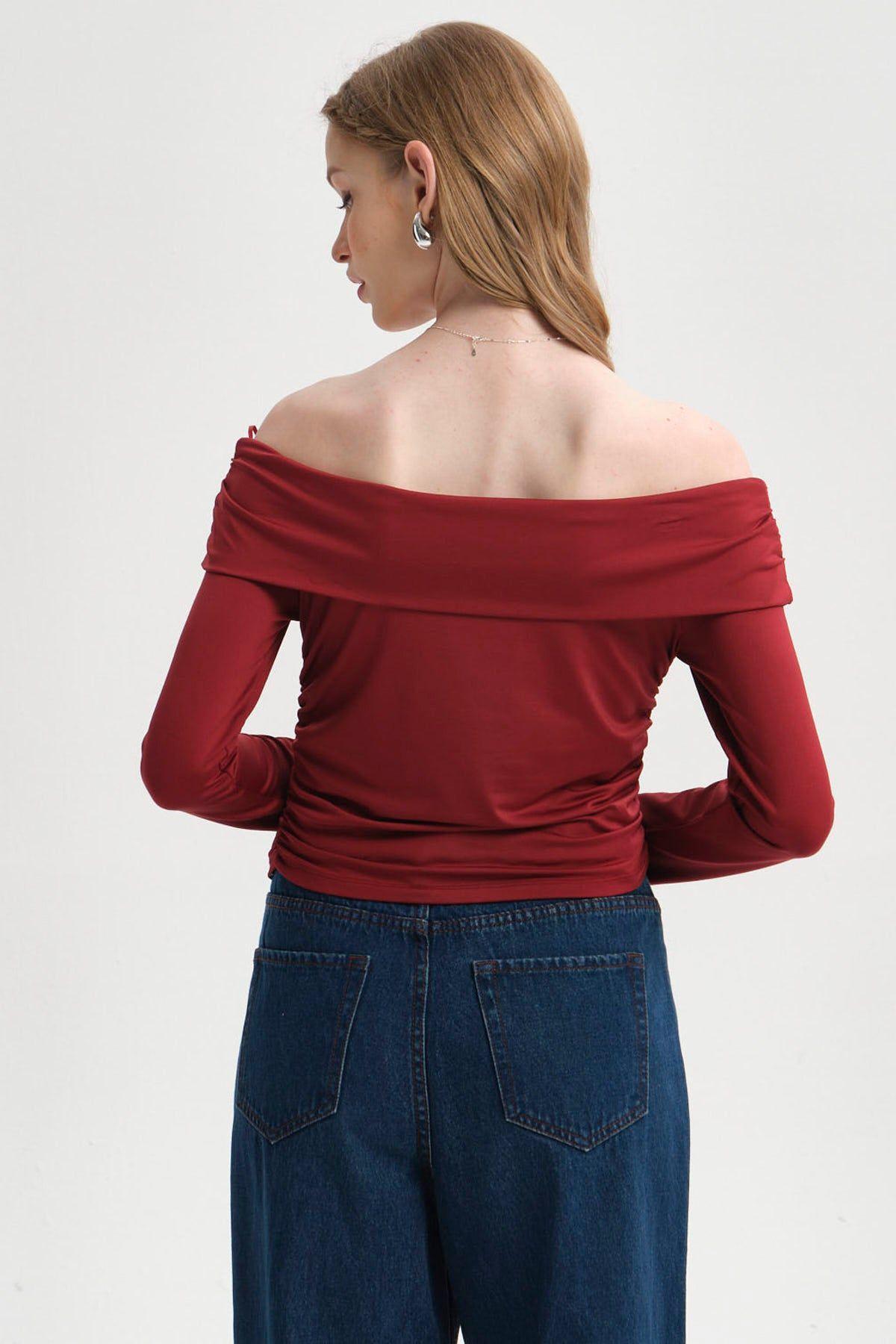 Polera Mujer Drapeada Malla Burdeo-2