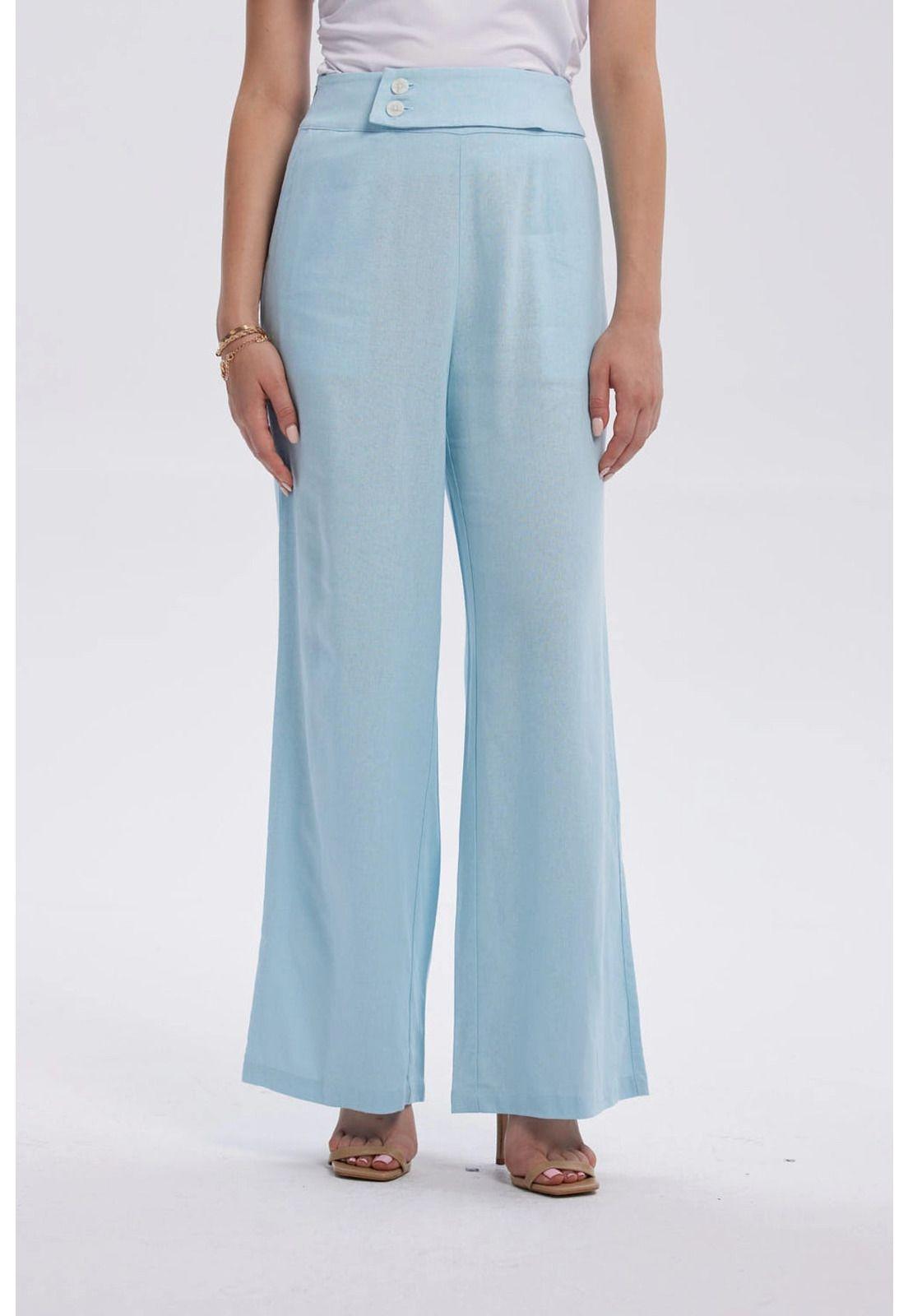 Pantalón Mujer Lino Sastrero Cierre Celeste-0