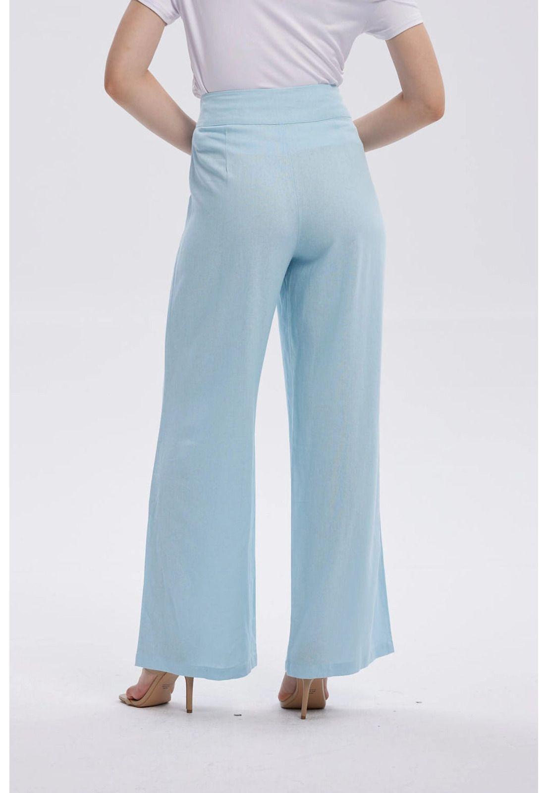 Pantalón Mujer Lino Sastrero Cierre Celeste-2