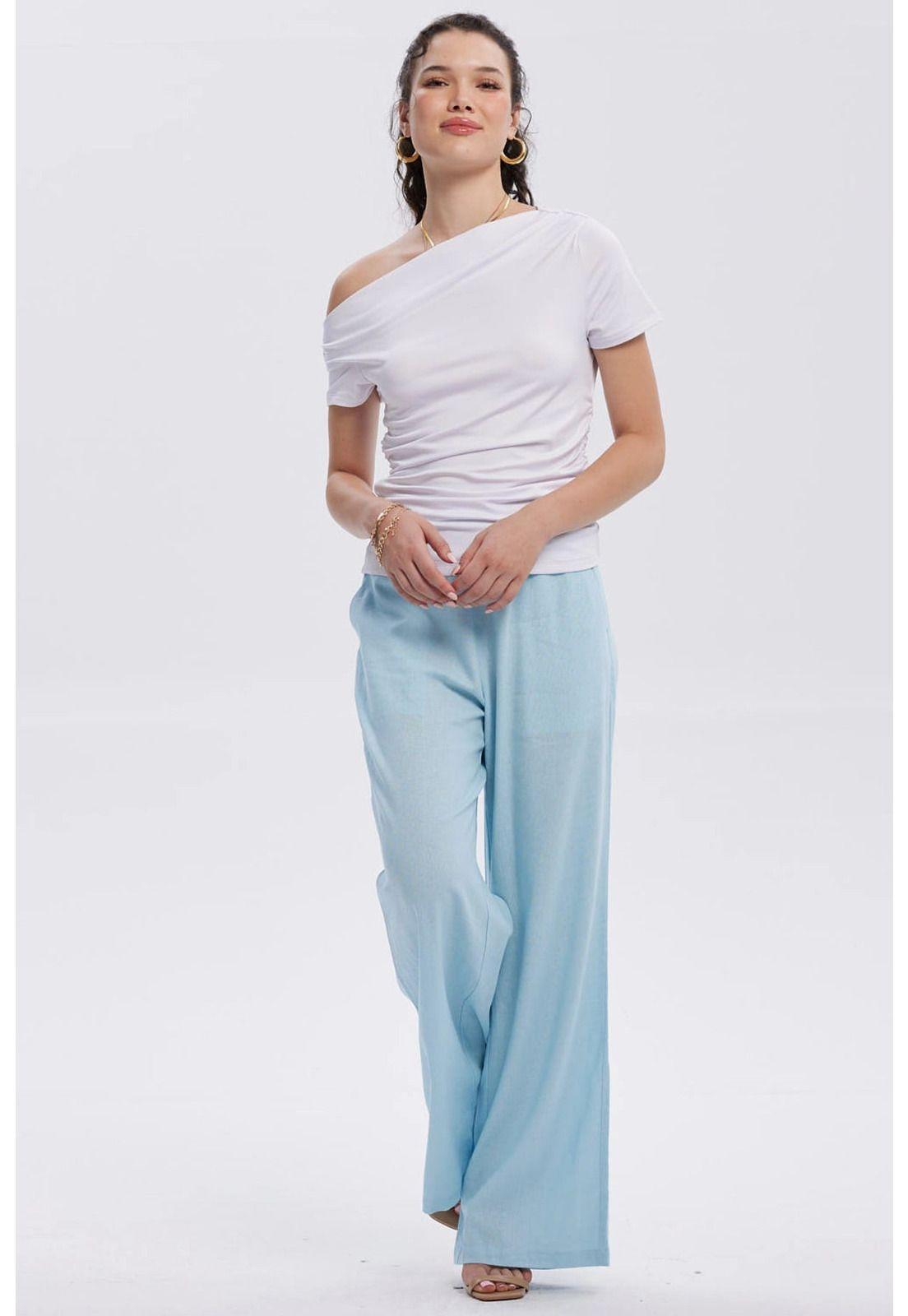 Pantalón Mujer Lino Sastrero Cierre Celeste-3