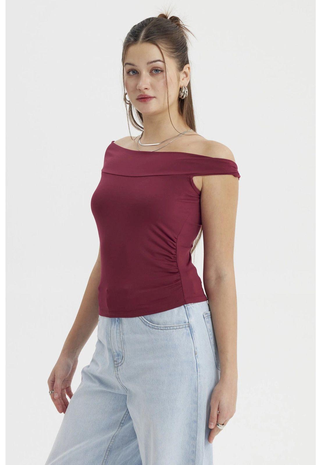 Polera Mujer Bardot Aplicación Nudo Vino-1