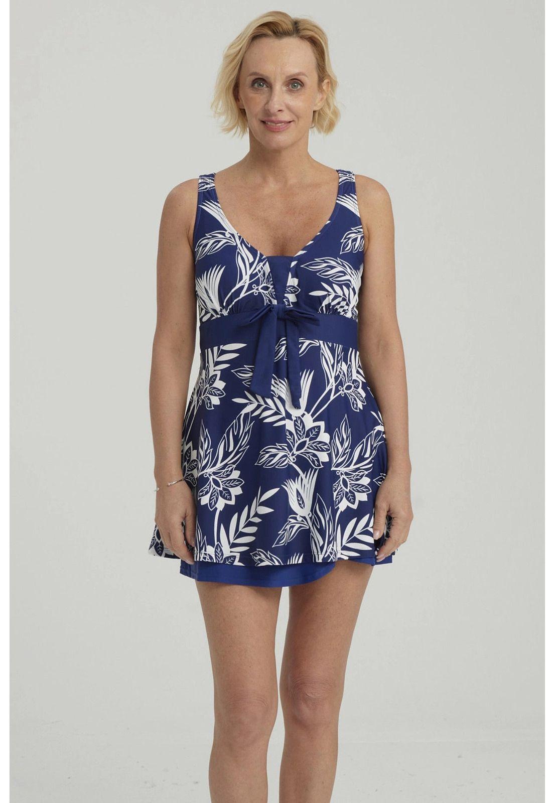 Traje De Baño Mujer Entero Con Falda Azul Oscuro-0