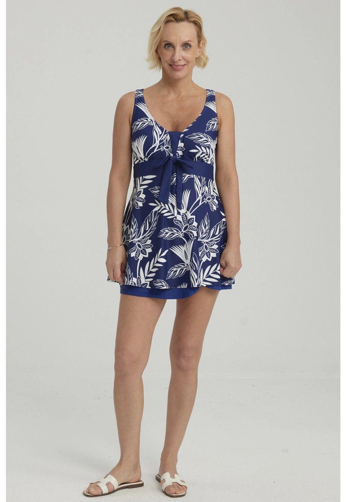 Traje De Baño Mujer Entero Con Falda Azul Oscuro-1
