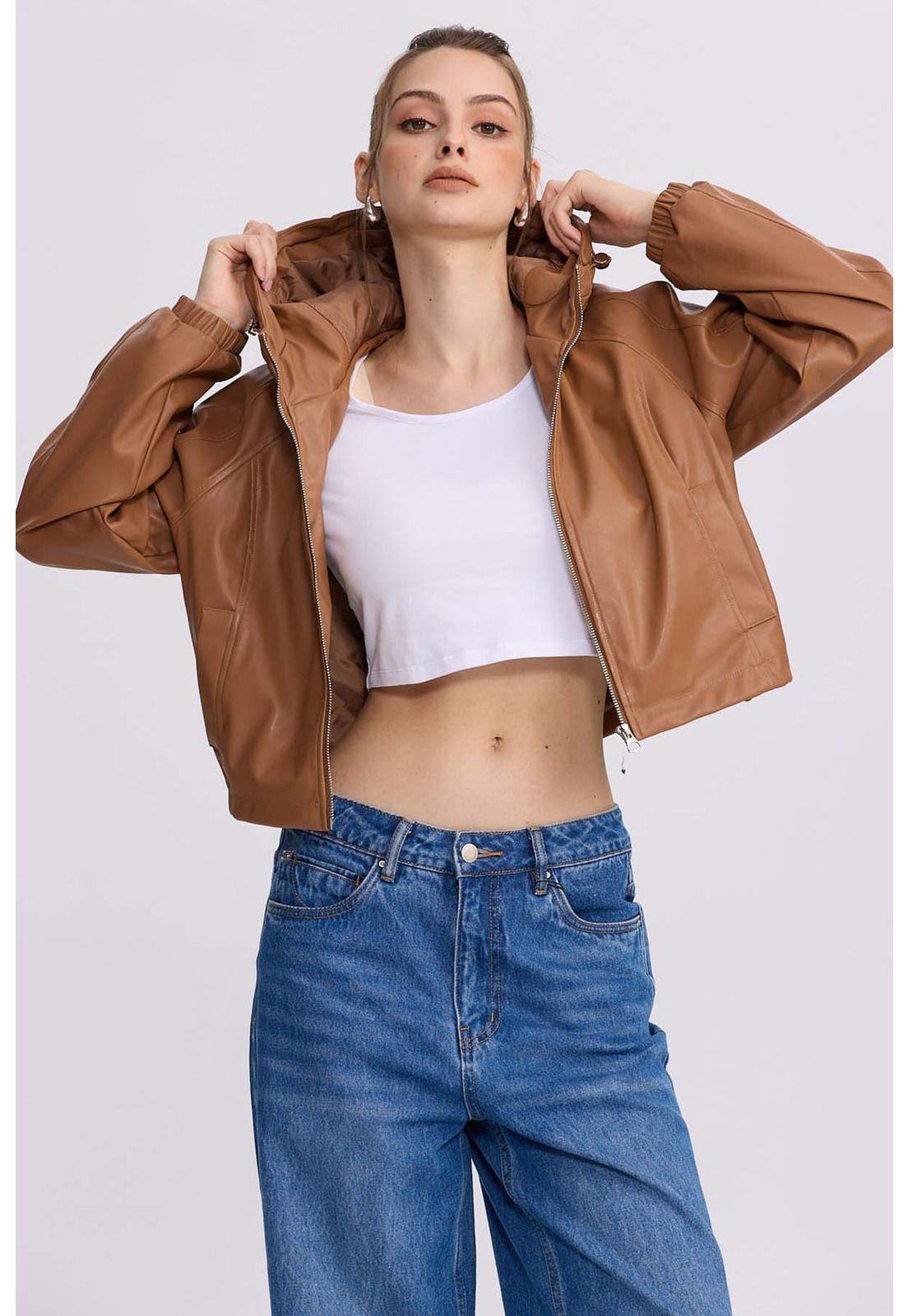 Chaqueta Mujer Efecto Cuero Camel - ll-0