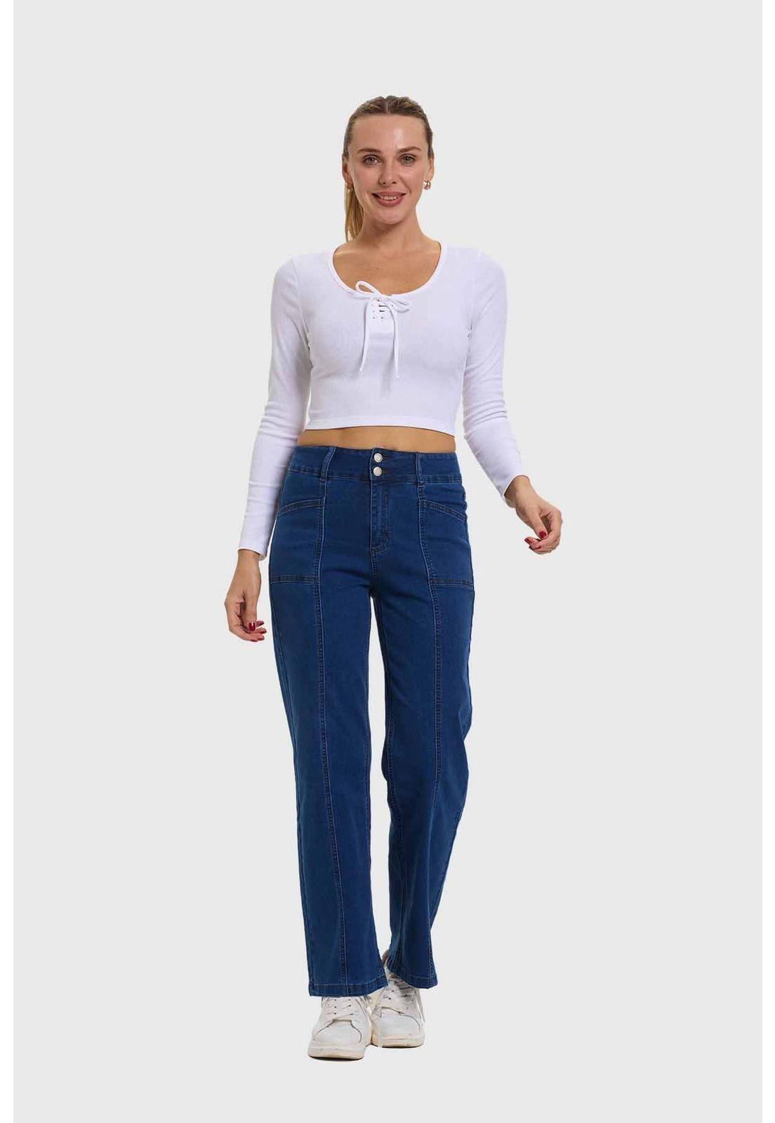 Jeans Mujer Línea Bolsillo Calce Recto Azul-3