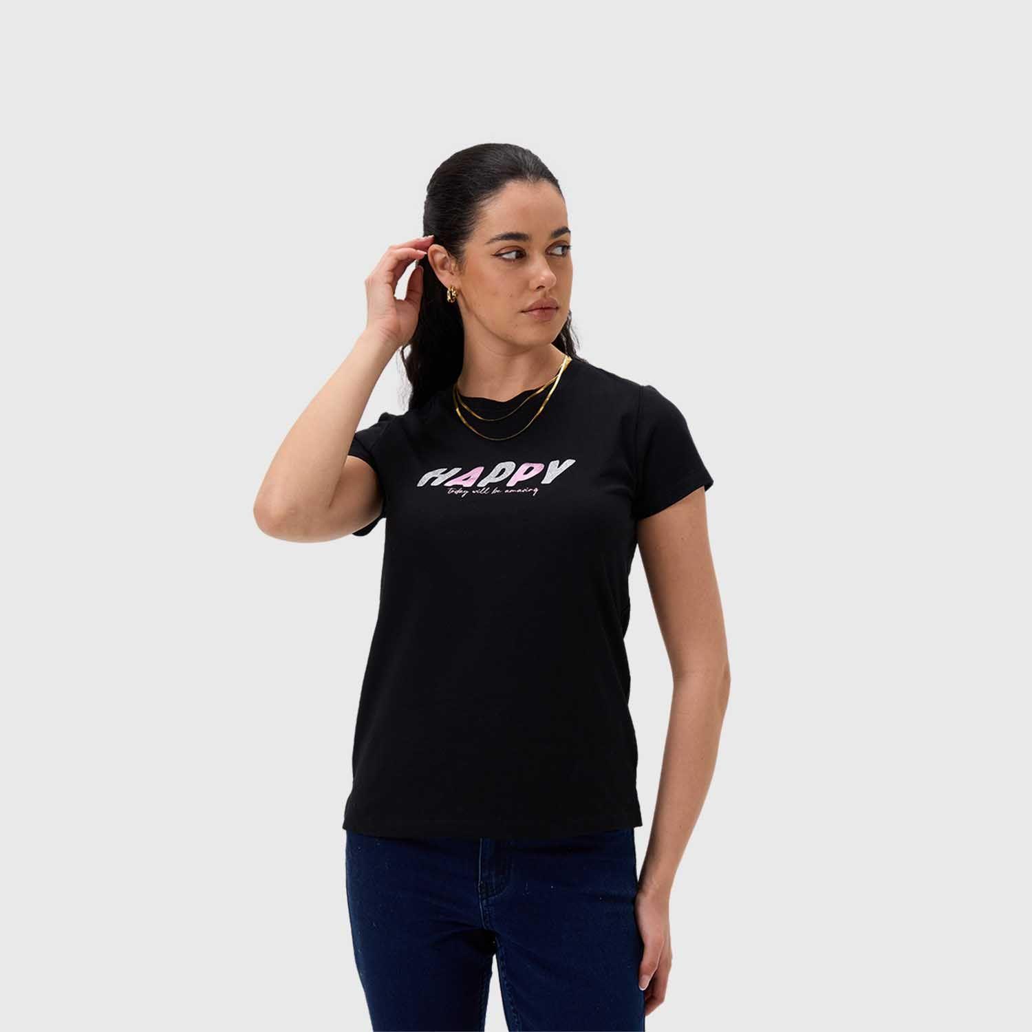 Polera Mujer Print Posicional Negro / Fucsia I Fsp-1