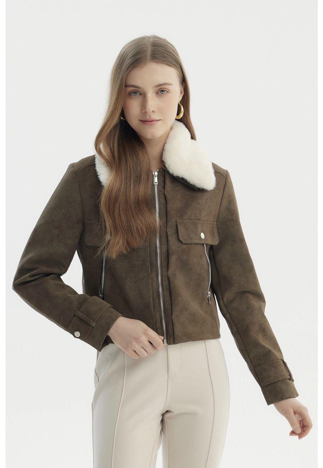 Chaqueta Mujer Cuello Camisero Café-0
